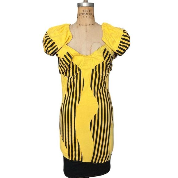 Patty Vintage 80’s Yellow Black Striped Fitted Dress Size M - Picture 1 of 9